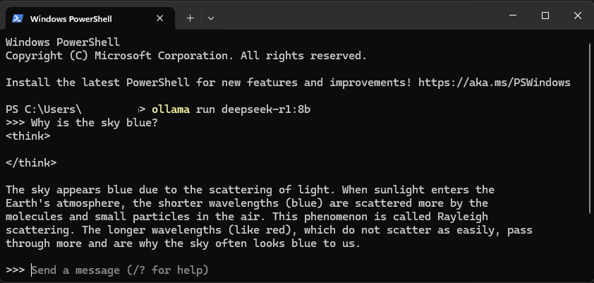 Querying DeepSeek using Ollama in PowerShell.